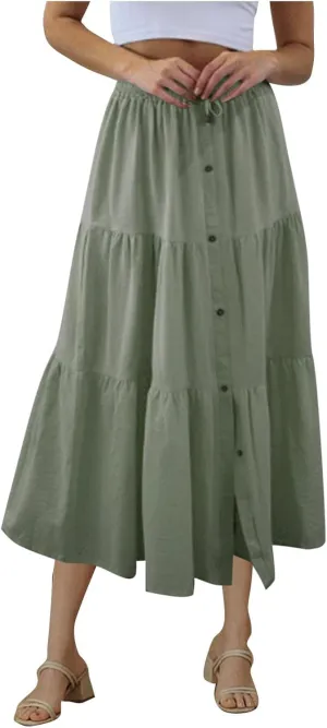 Summer Skirts for Womens Casual Front Button A-Line Flowy Long Skirt Pleated High Waisted Casual Tiered Maxi Skirts