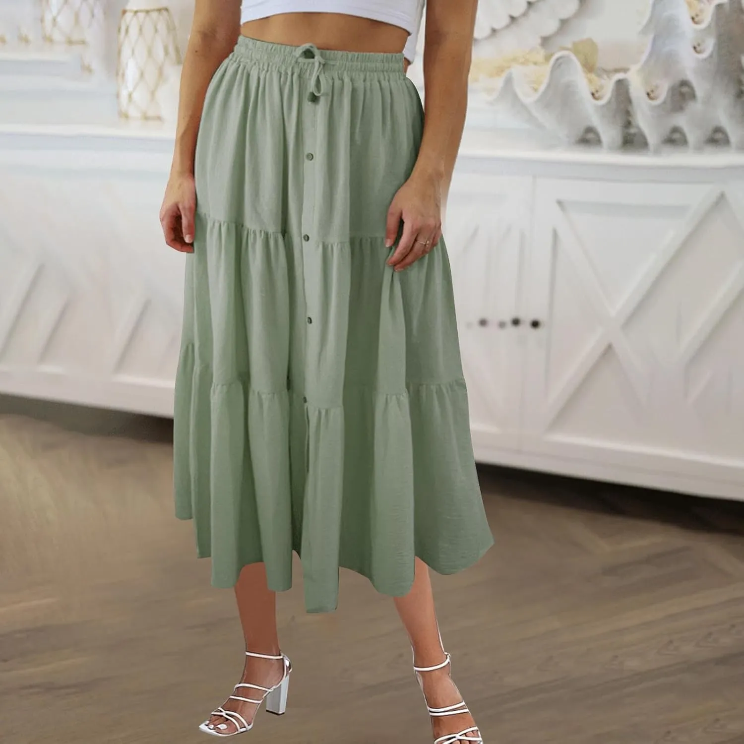 Summer Skirts for Womens Casual Front Button A-Line Flowy Long Skirt Pleated High Waisted Casual Tiered Maxi Skirts