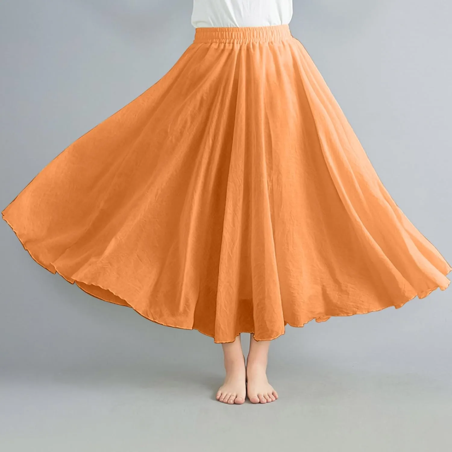 Women Solid Linen Maxi Skort Summer Elegant Bohemian Renaissance Long Skirts Casual Flowy Pleated Layered Tutu Skirt