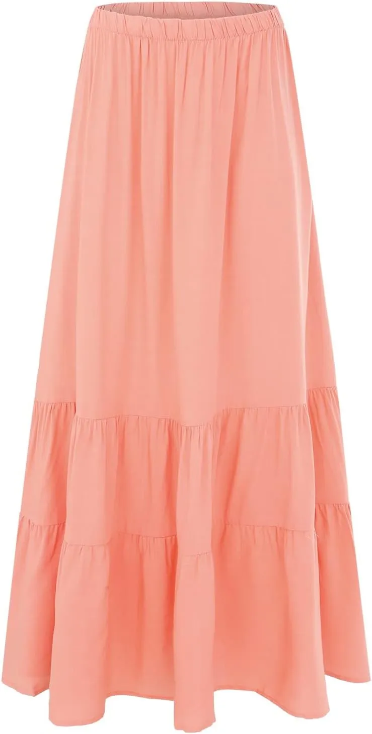 Women Summer High Waist Long Skirt Casual Solid Color Cotton Linen Pleated Skirt Loose Swing Beach Skirt