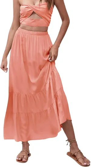 Women Summer High Waist Long Skirt Casual Solid Color Cotton Linen Pleated Skirt Loose Swing Beach Skirt