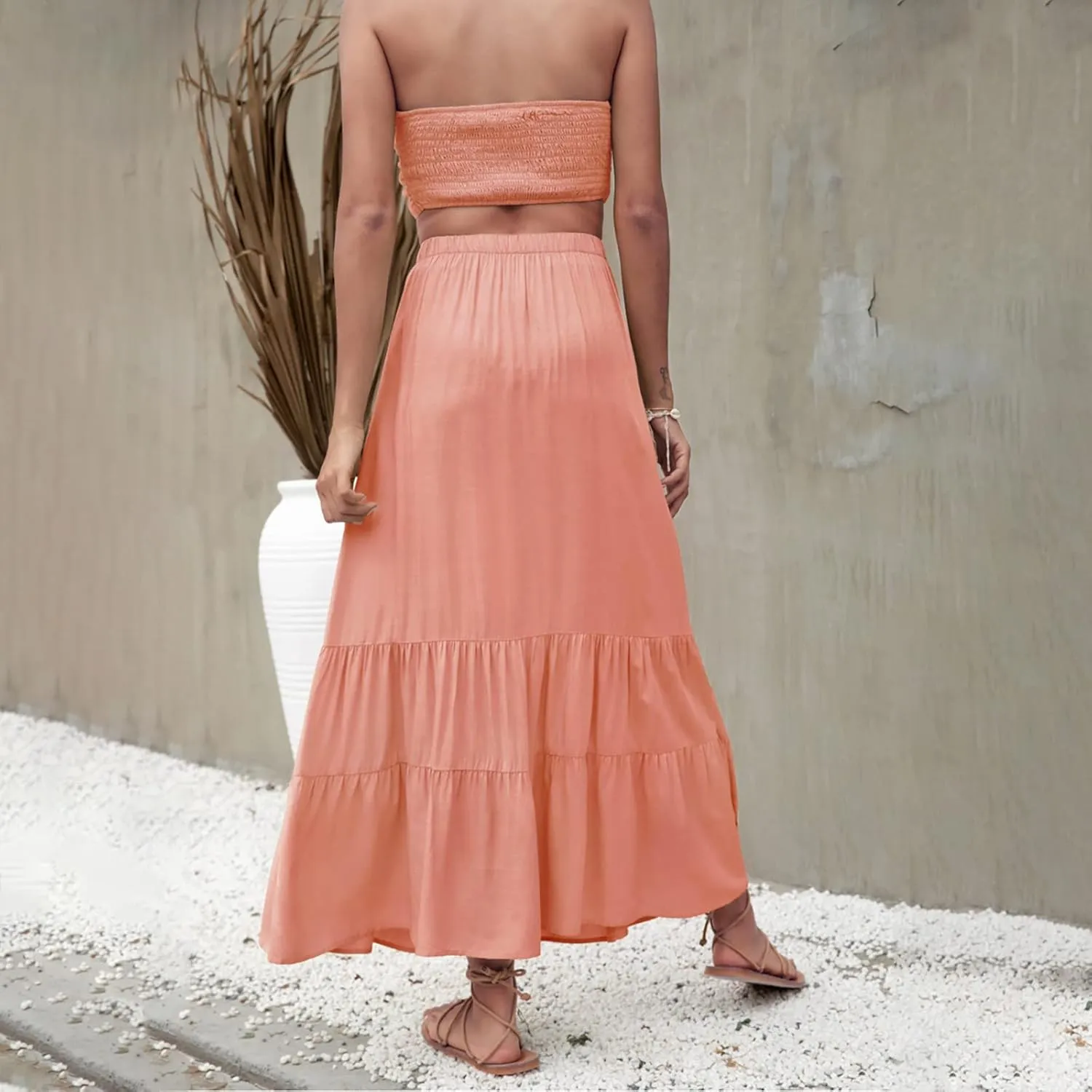 Women Summer High Waist Long Skirt Casual Solid Color Cotton Linen Pleated Skirt Loose Swing Beach Skirt