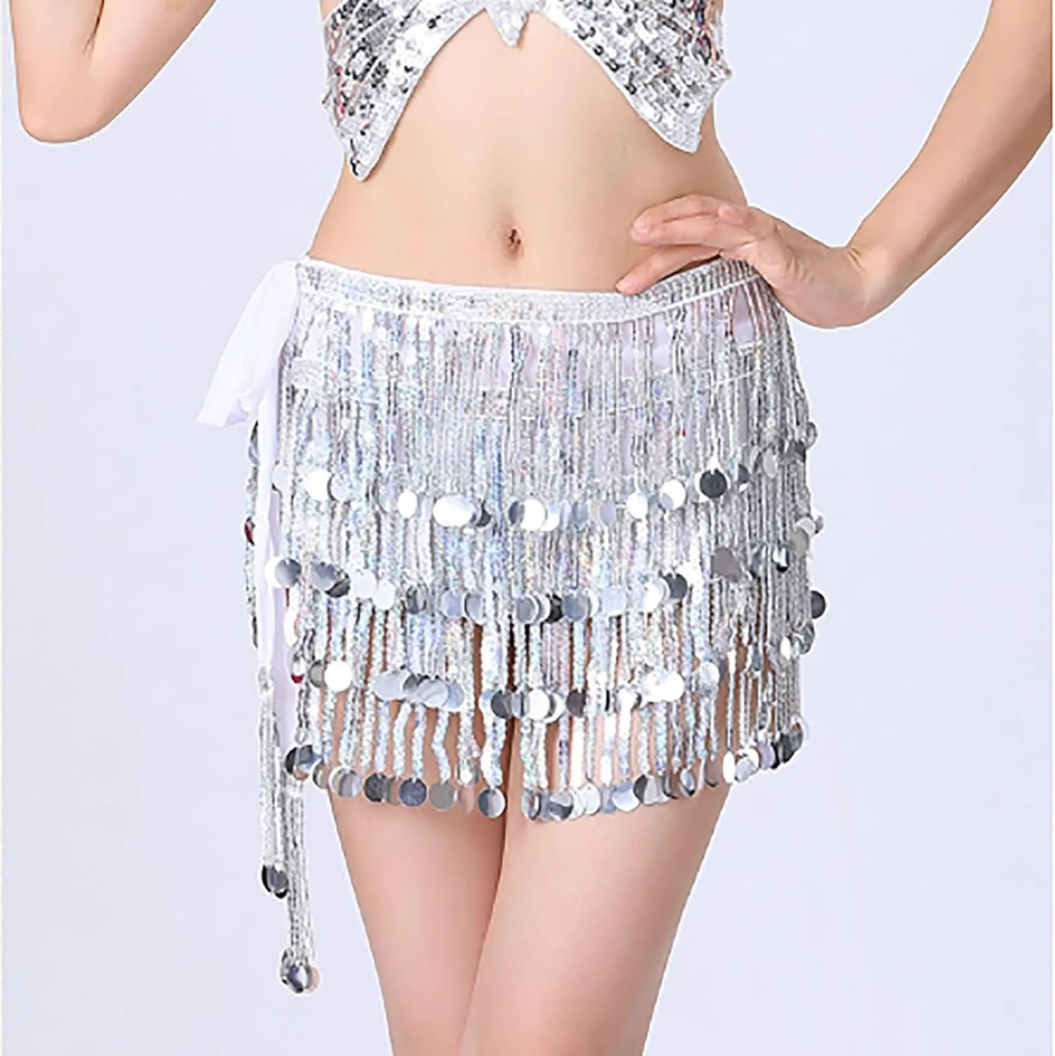 Womens Belly Dance Hip Scarf with Sparkly Fringe, Rave Party Sequin Skirt Club Costume Festival Tassel Skirt
