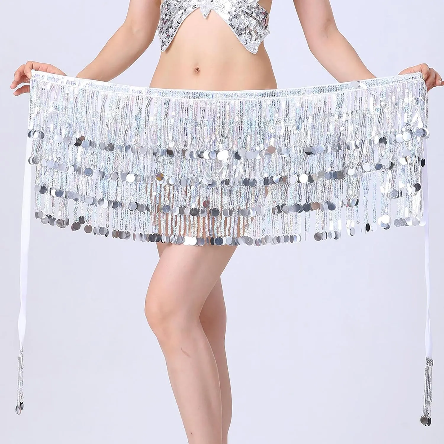 Womens Belly Dance Hip Scarf with Sparkly Fringe, Rave Party Sequin Skirt Club Costume Festival Tassel Skirt