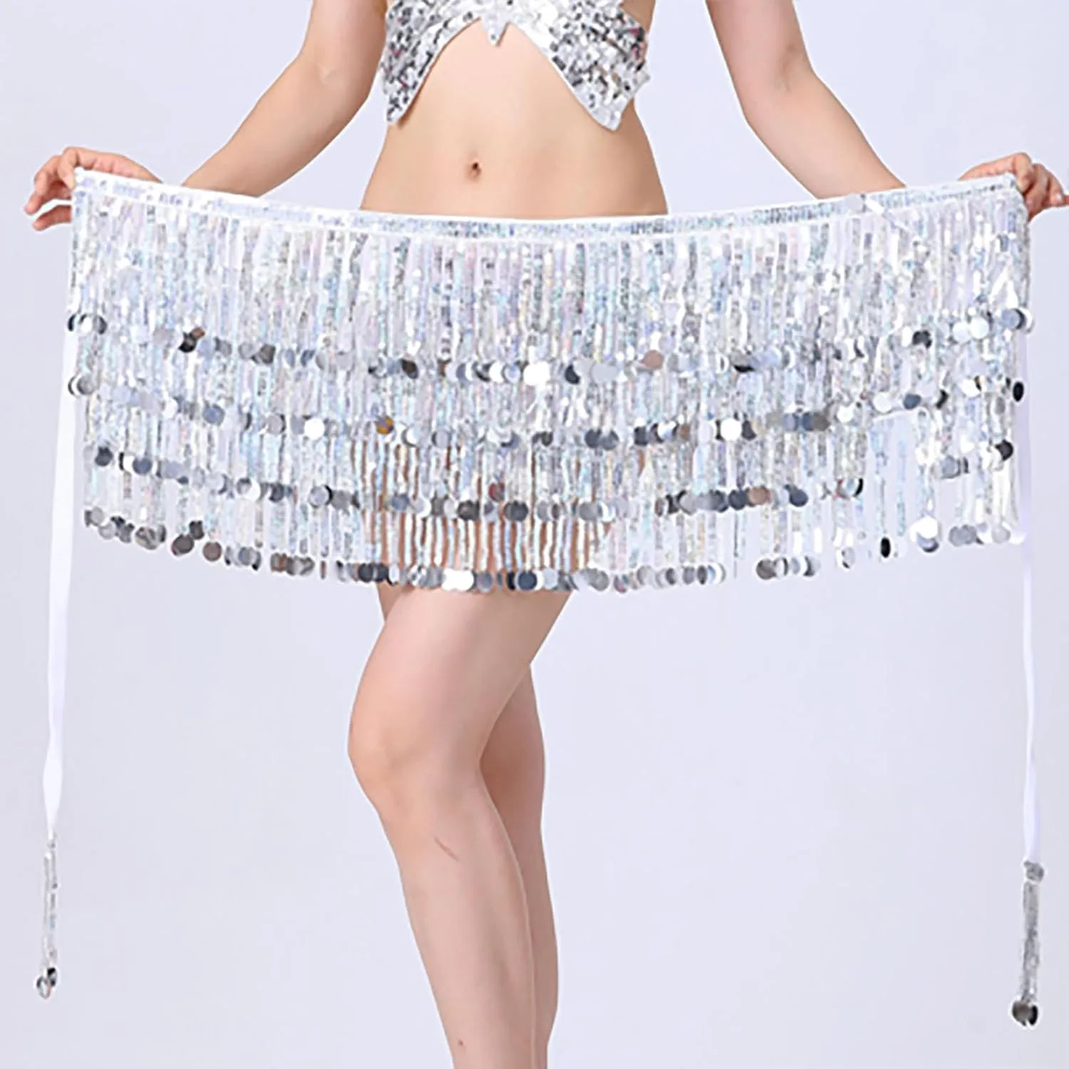 Womens Belly Dance Hip Scarf with Sparkly Fringe, Rave Party Sequin Skirt Club Costume Festival Tassel Skirt