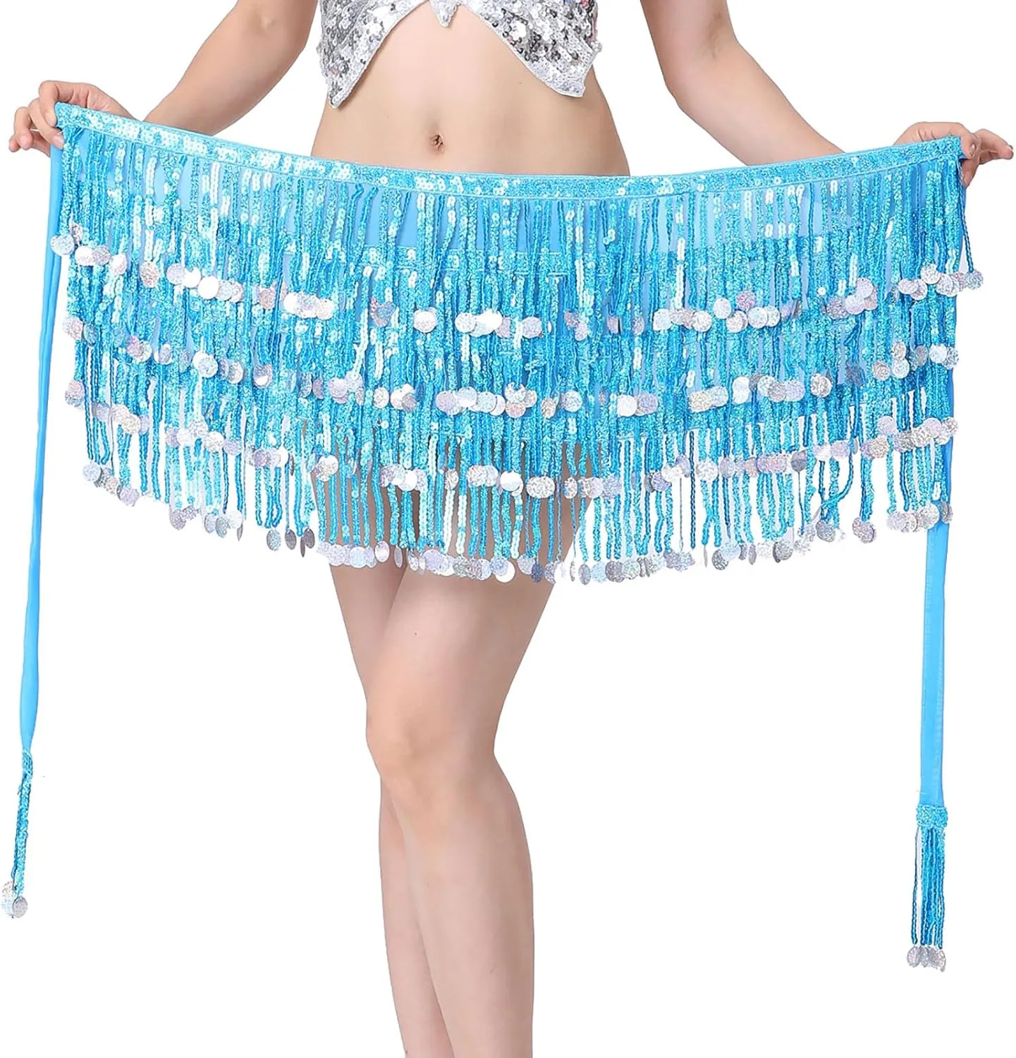Womens Belly Dance Hip Scarf with Sparkly Fringe, Rave Party Sequin Skirt Club Costume Festival Tassel Skirt