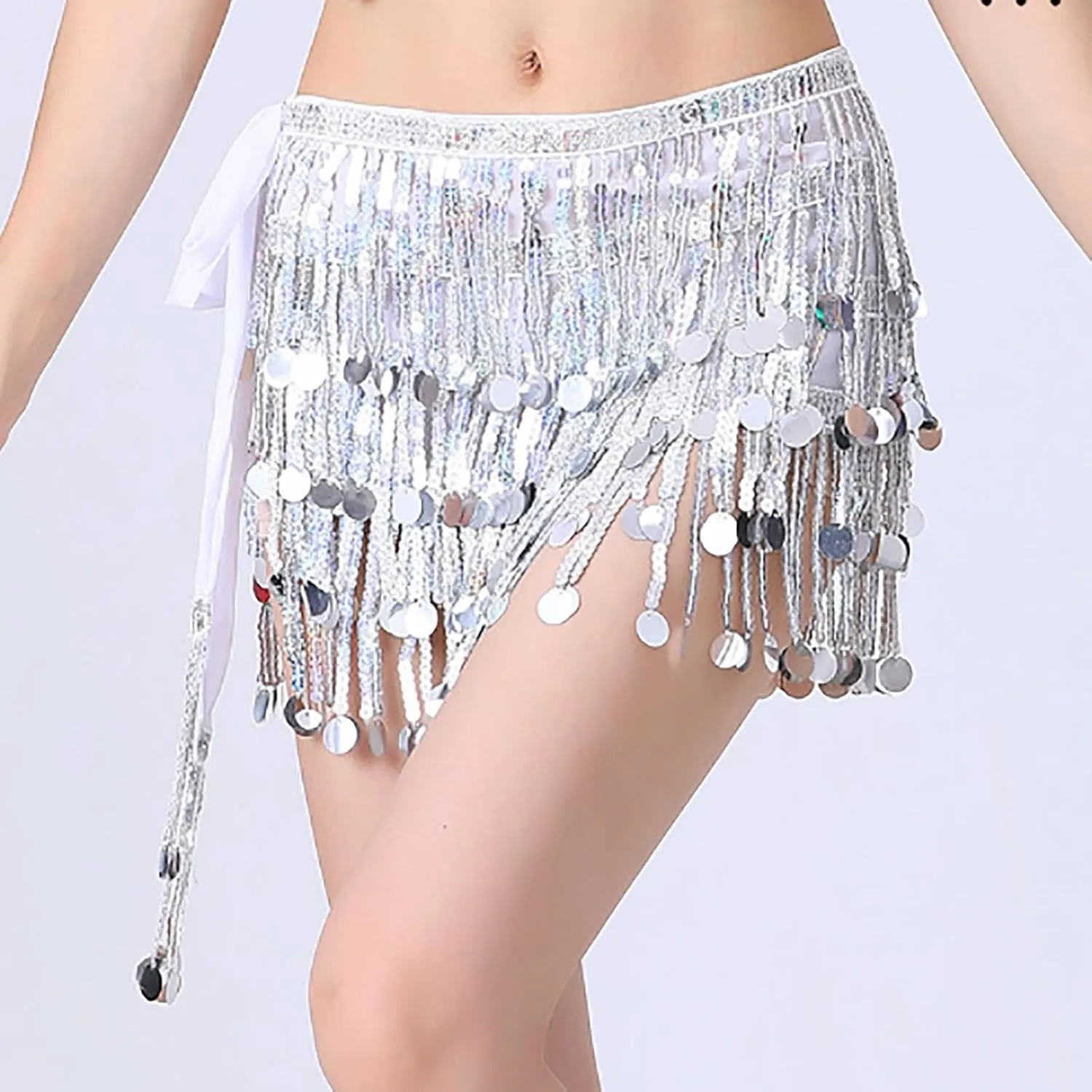 Womens Belly Dance Hip Scarf with Sparkly Fringe, Rave Party Sequin Skirt Club Costume Festival Tassel Skirt