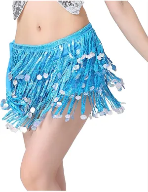 Womens Belly Dance Hip Scarf with Sparkly Fringe, Rave Party Sequin Skirt Club Costume Festival Tassel Skirt
