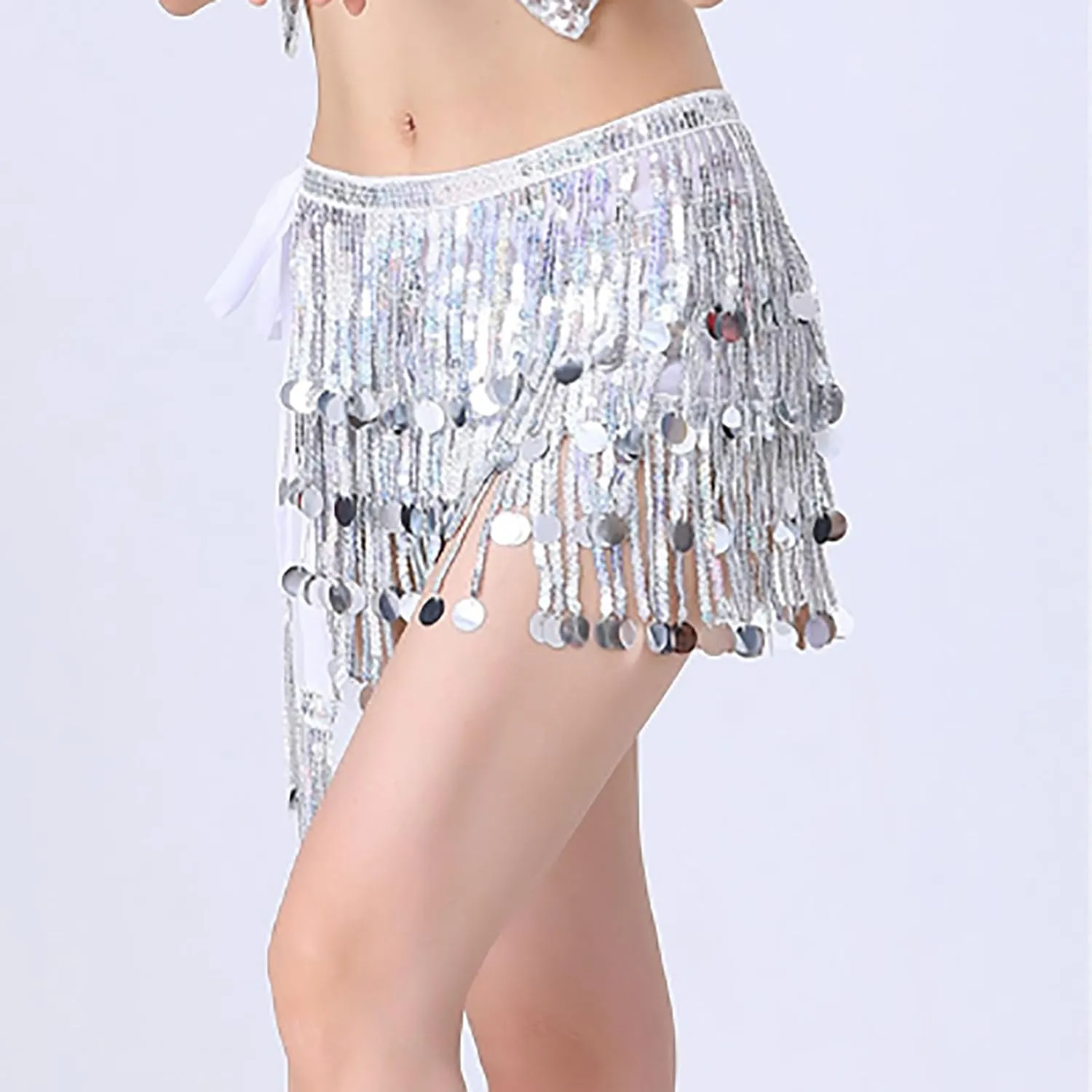 Womens Belly Dance Hip Scarf with Sparkly Fringe, Rave Party Sequin Skirt Club Costume Festival Tassel Skirt