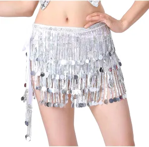 Womens Belly Dance Hip Scarf with Sparkly Fringe, Rave Party Sequin Skirt Club Costume Festival Tassel Skirt