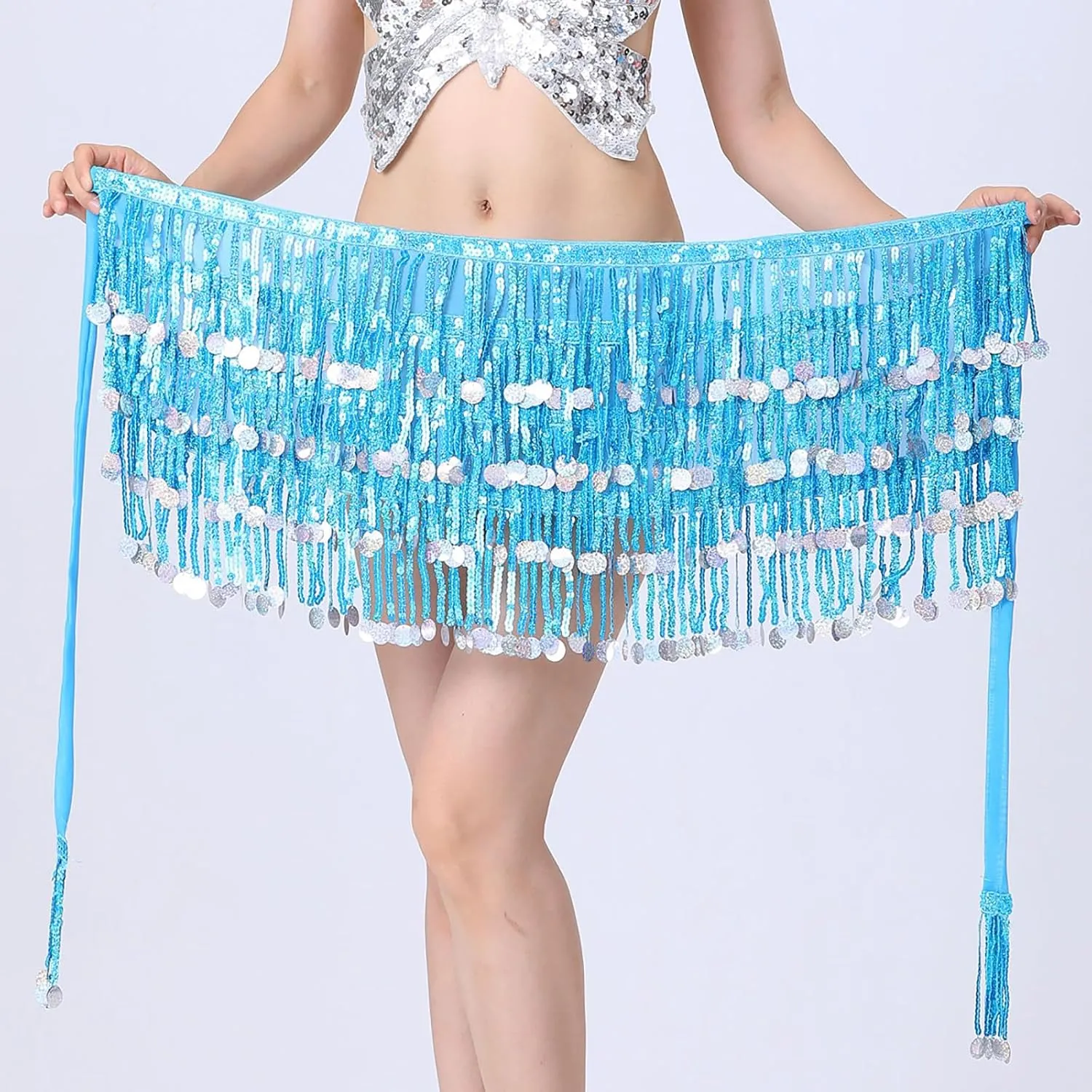 Womens Belly Dance Hip Scarf with Sparkly Fringe, Rave Party Sequin Skirt Club Costume Festival Tassel Skirt