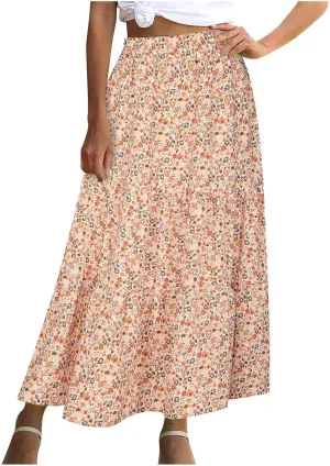 Women's Boho Floral Print Maxi Skirt Flowy Summer Casual A-Line Skirts Elastic High Waist Pleated Long Skirt Pockets