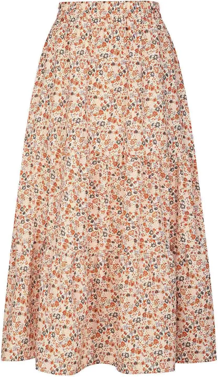 Women's Boho Floral Print Maxi Skirt Flowy Summer Casual A-Line Skirts Elastic High Waist Pleated Long Skirt Pockets