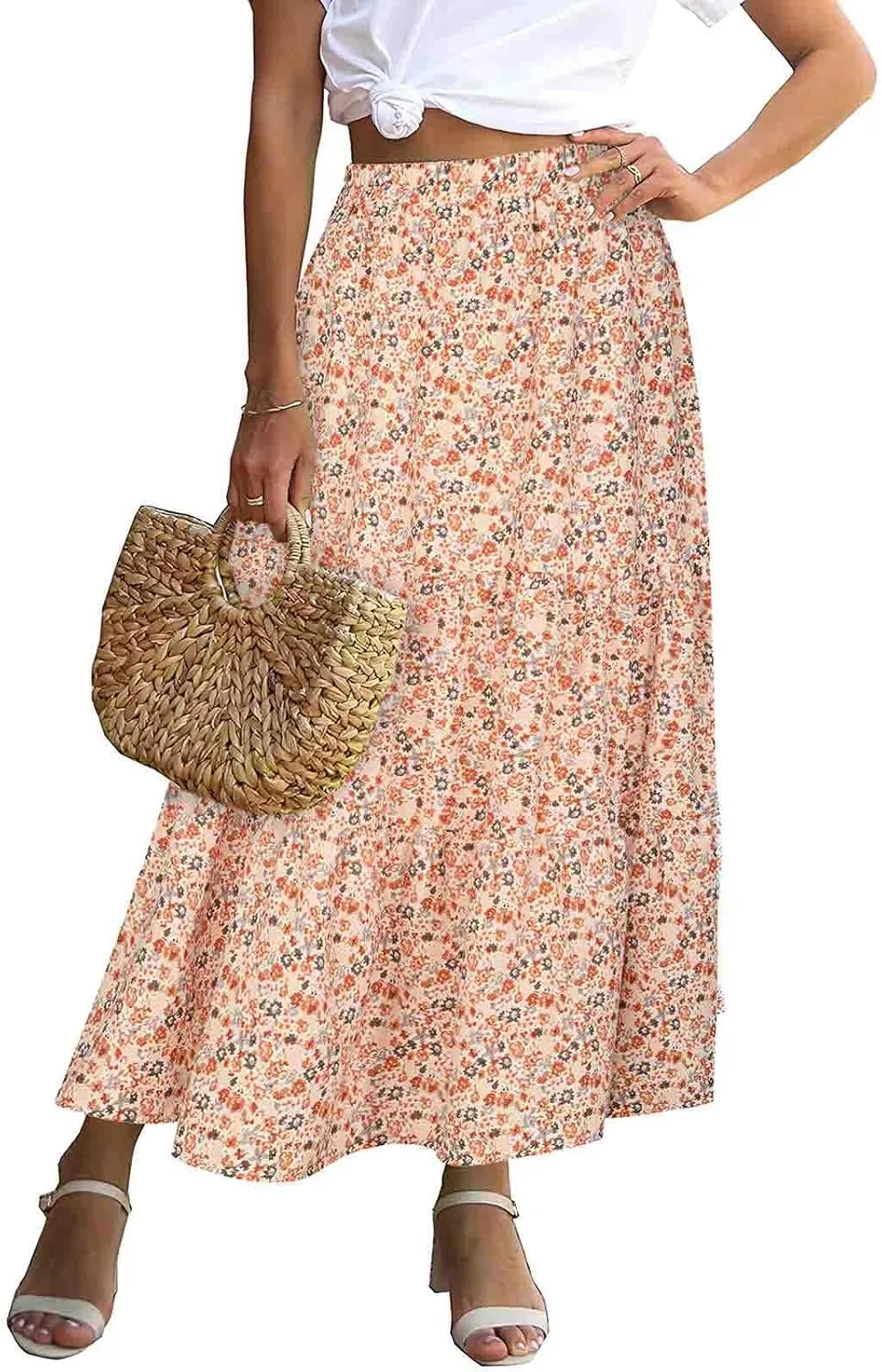 Women's Boho Floral Print Maxi Skirt Flowy Summer Casual A-Line Skirts Elastic High Waist Pleated Long Skirt Pockets