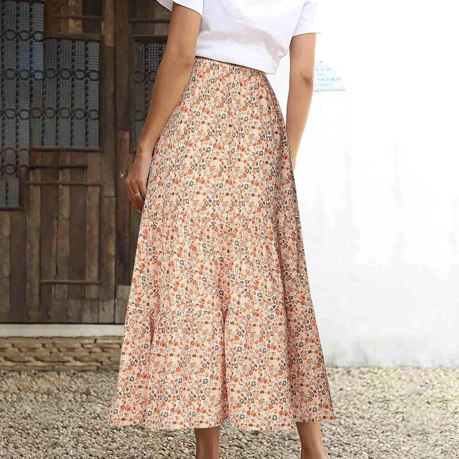 Women's Boho Floral Print Maxi Skirt Flowy Summer Casual A-Line Skirts Elastic High Waist Pleated Long Skirt Pockets