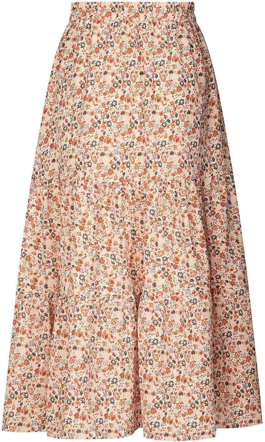 Women's Boho Floral Print Maxi Skirt Flowy Summer Casual A-Line Skirts Elastic High Waist Pleated Long Skirt Pockets