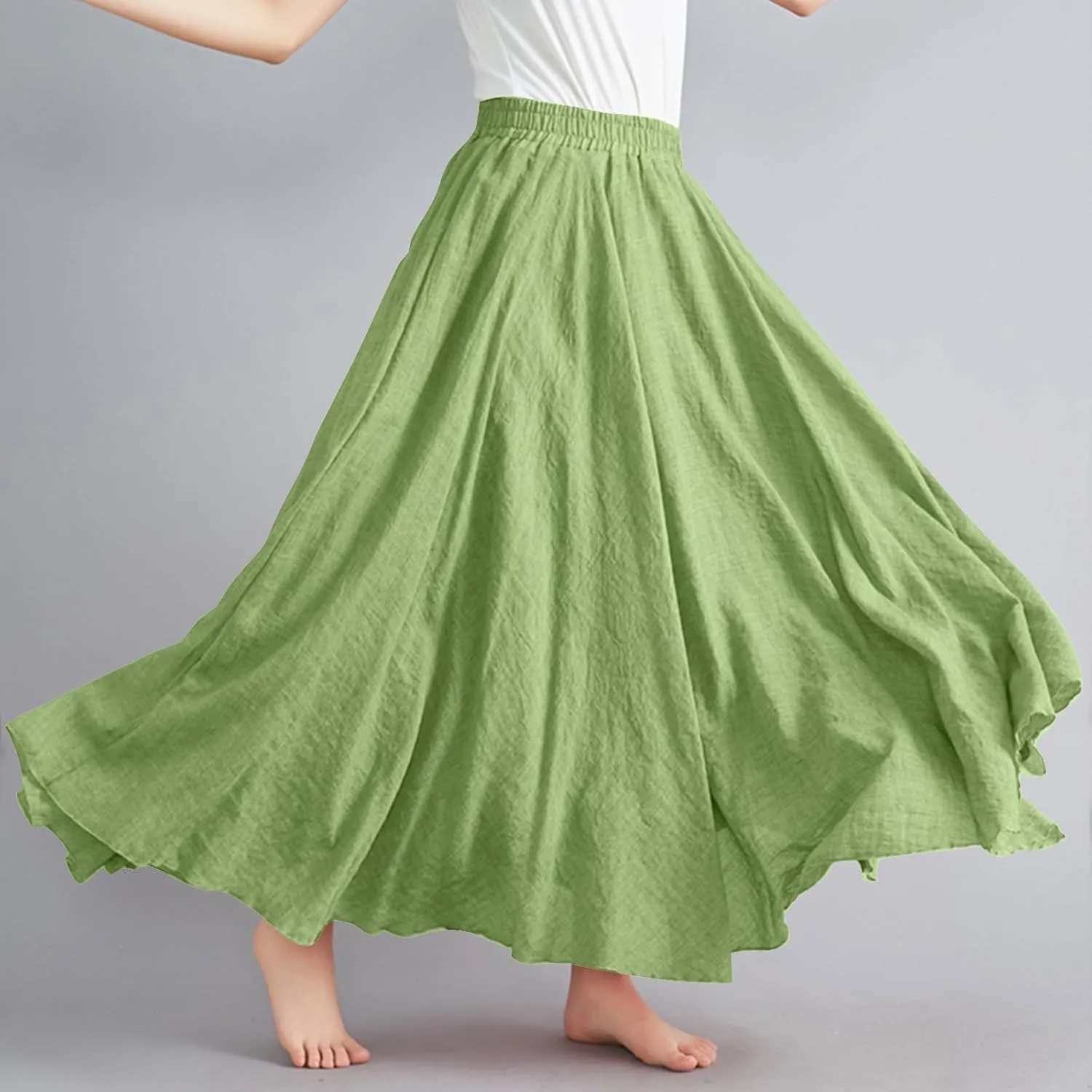Womens Cotton Linen Maxi Skirts Summer Boho Solid Beach Elastic High Waist Pleated A-Line Flowy Swing Long Maxi Skirt