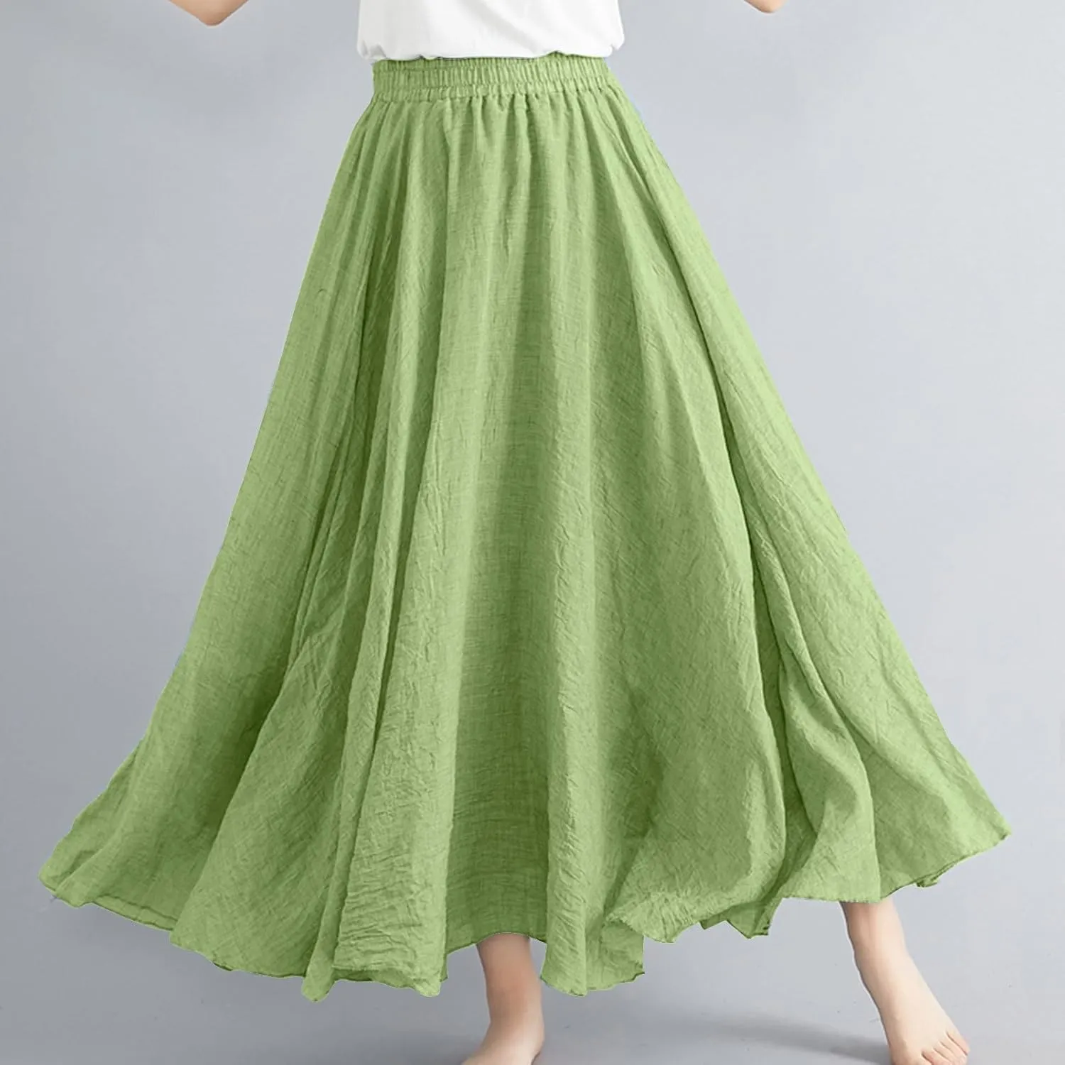 Womens Cotton Linen Maxi Skirts Summer Boho Solid Beach Elastic High Waist Pleated A-Line Flowy Swing Long Maxi Skirt