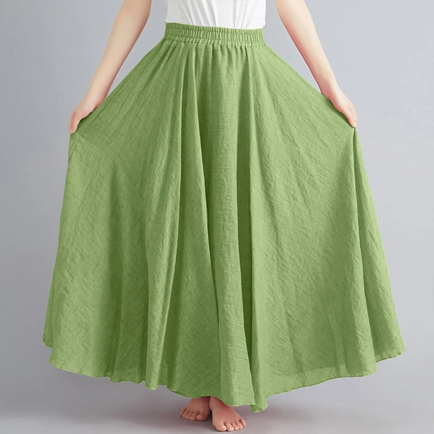 Womens Cotton Linen Maxi Skirts Summer Boho Solid Beach Elastic High Waist Pleated A-Line Flowy Swing Long Maxi Skirt