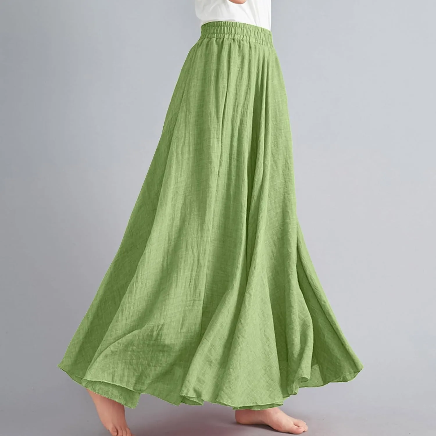 Womens Cotton Linen Maxi Skirts Summer Boho Solid Beach Elastic High Waist Pleated A-Line Flowy Swing Long Maxi Skirt