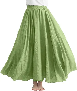 Womens Cotton Linen Maxi Skirts Summer Boho Solid Beach Elastic High Waist Pleated A-Line Flowy Swing Long Maxi Skirt