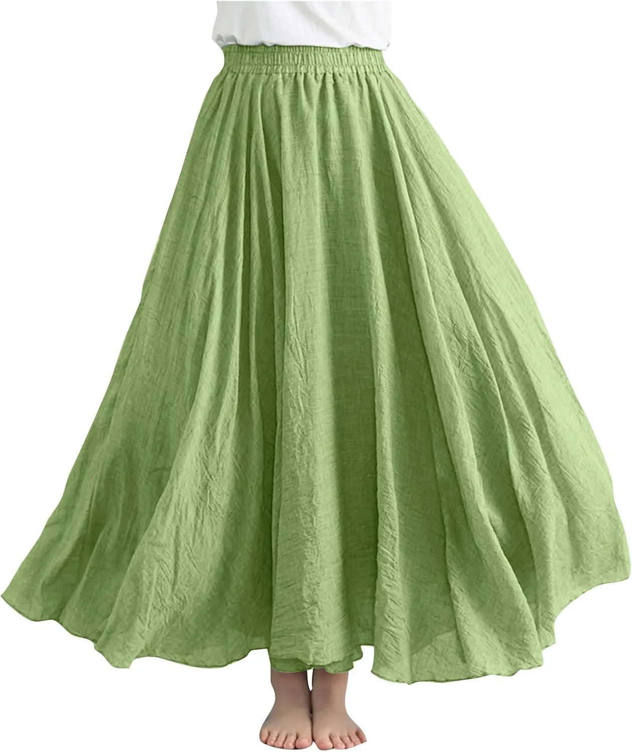 Womens Cotton Linen Maxi Skirts Summer Boho Solid Beach Elastic High Waist Pleated A-Line Flowy Swing Long Maxi Skirt