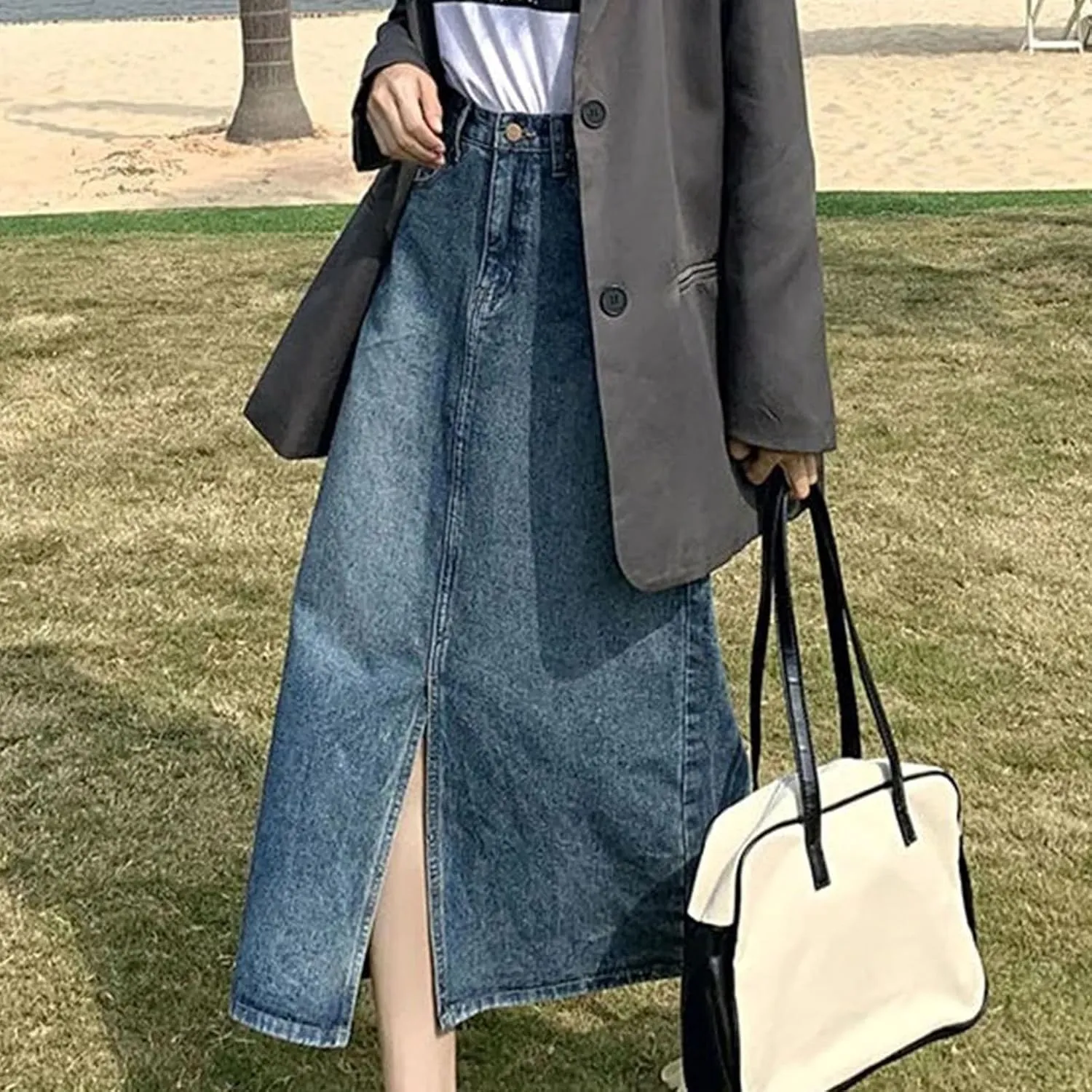Womens Denim Maxi Skirt 2024 Spring Summer Fashion Casual High Waist A-Line Side Slit Jean Skirt with Pocket