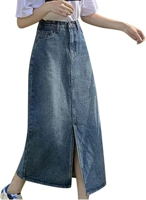 Womens Denim Maxi Skirt 2024 Spring Summer Fashion Casual High Waist A-Line Side Slit Jean Skirt with Pocket