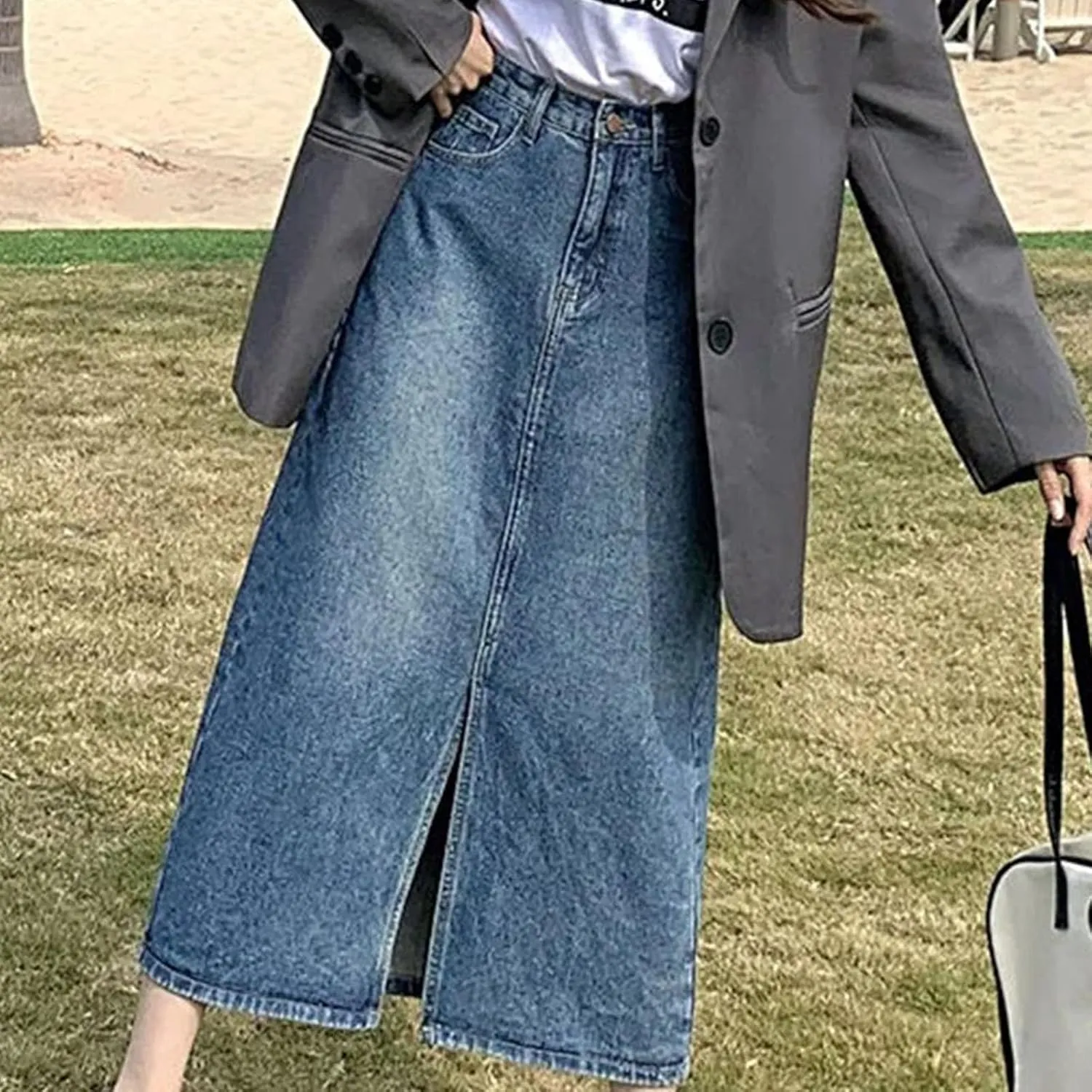 Womens Denim Maxi Skirt 2024 Spring Summer Fashion Casual High Waist A-Line Side Slit Jean Skirt with Pocket