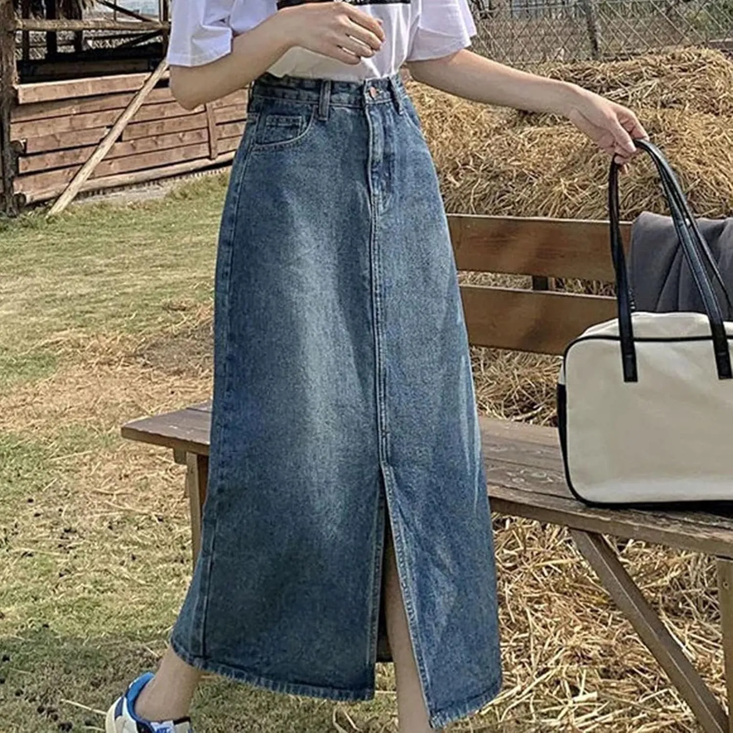 Womens Denim Maxi Skirt 2024 Spring Summer Fashion Casual High Waist A-Line Side Slit Jean Skirt with Pocket