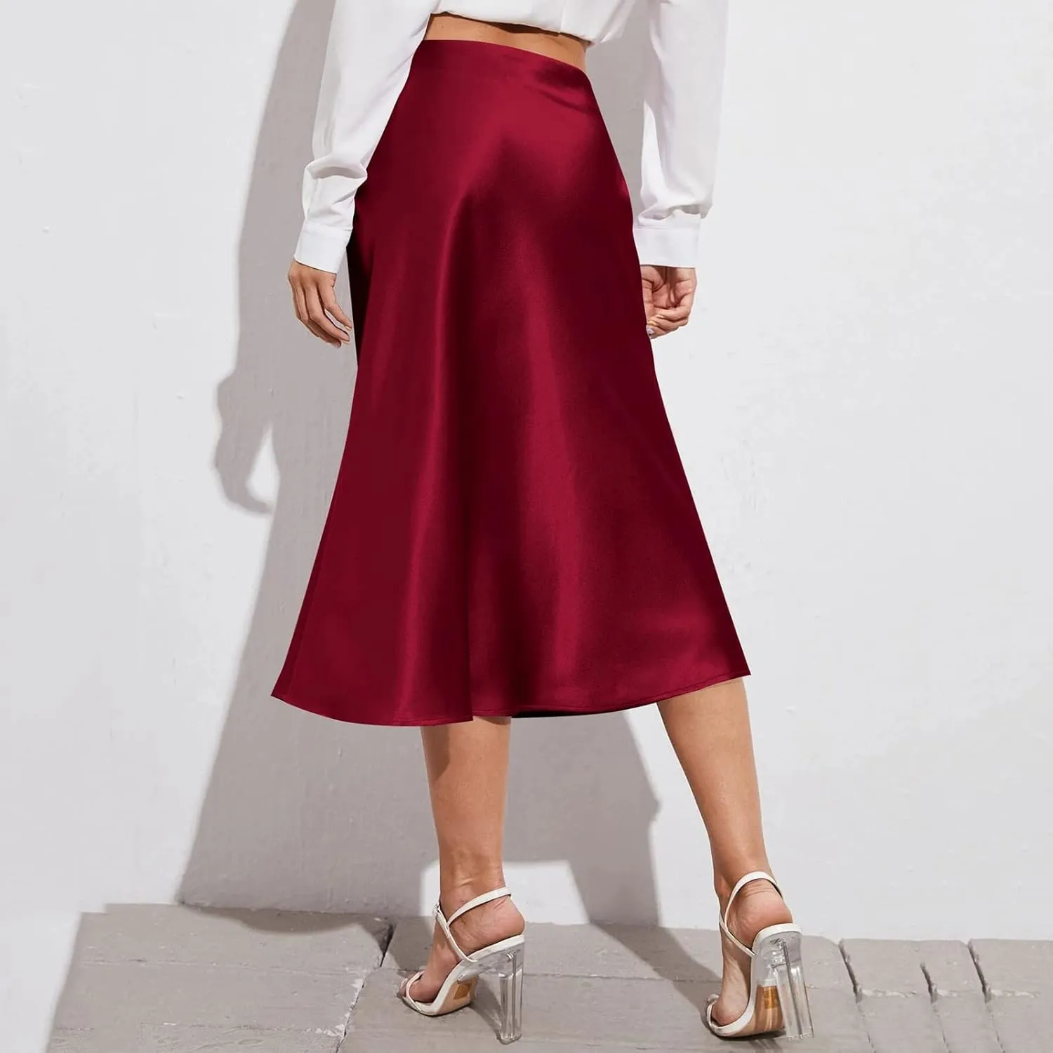 Womens High Waist Midi Skirt Casual Solid Versatile Satin Dress Fashion Elegant Knee Length Skirt Prom Party Skirts