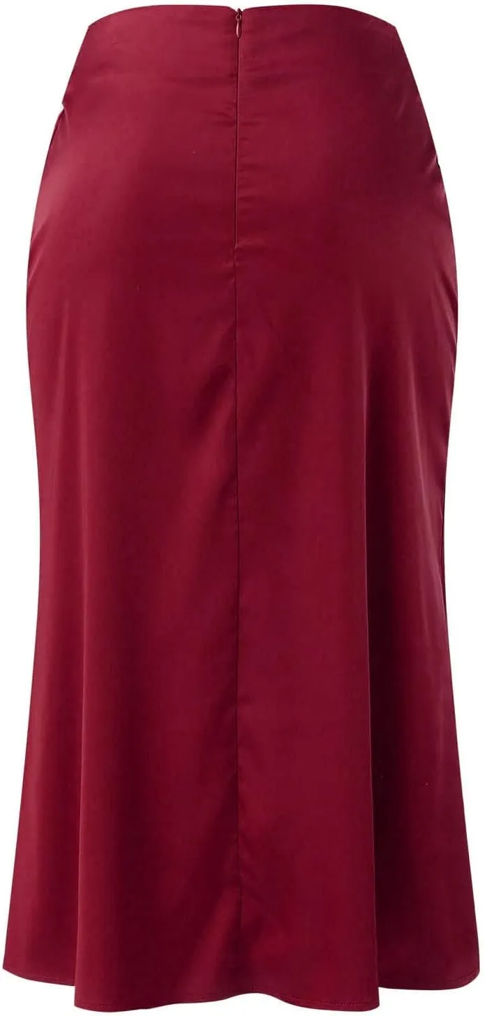 Womens High Waist Midi Skirt Casual Solid Versatile Satin Dress Fashion Elegant Knee Length Skirt Prom Party Skirts