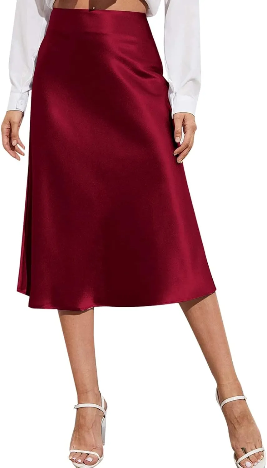 Womens High Waist Midi Skirt Casual Solid Versatile Satin Dress Fashion Elegant Knee Length Skirt Prom Party Skirts