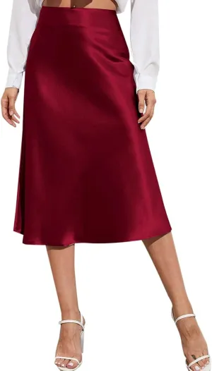 Womens High Waist Midi Skirt Casual Solid Versatile Satin Dress Fashion Elegant Knee Length Skirt Prom Party Skirts