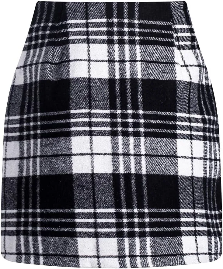 Womens High Waist Plaid Skirt Bodycon Pencil Wool Mini Skirts Fall Winter Short Skirt