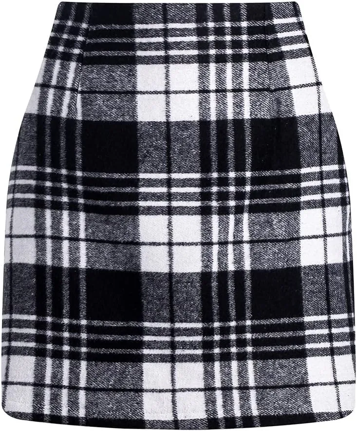 Womens High Waist Plaid Skirt Bodycon Pencil Wool Mini Skirts Fall Winter Short Skirt