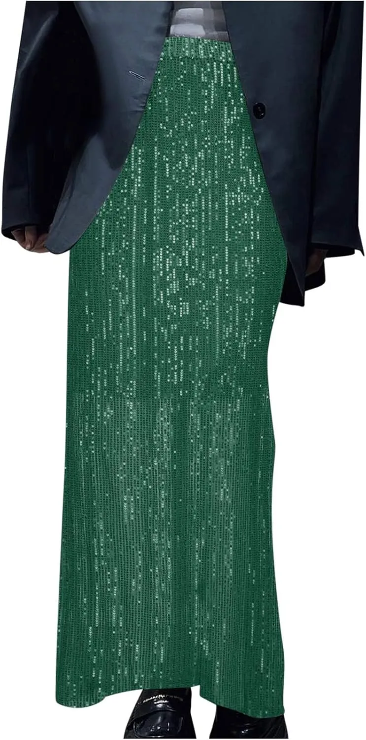 Women's High Waist Sequin Maxi Skirt Sparkly Glitter Sexy Slim Fit Pencil Skirts Night Out Bodycon Party Clubwear