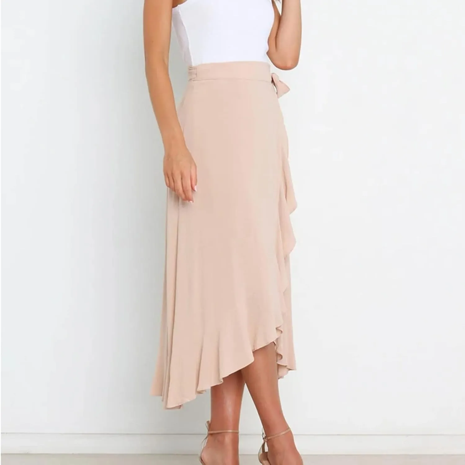 Women's Irregular Lace Up Maxi Dress Sexy Split Ruffle Skirts High Waist Classy Swing Midi Skirt Dressy