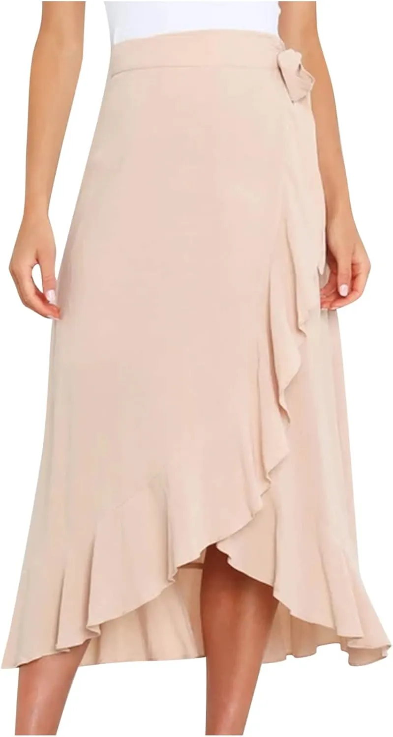 Women's Irregular Lace Up Maxi Dress Sexy Split Ruffle Skirts High Waist Classy Swing Midi Skirt Dressy