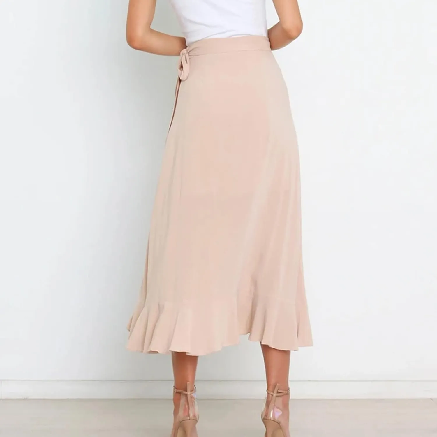 Women's Irregular Lace Up Maxi Dress Sexy Split Ruffle Skirts High Waist Classy Swing Midi Skirt Dressy