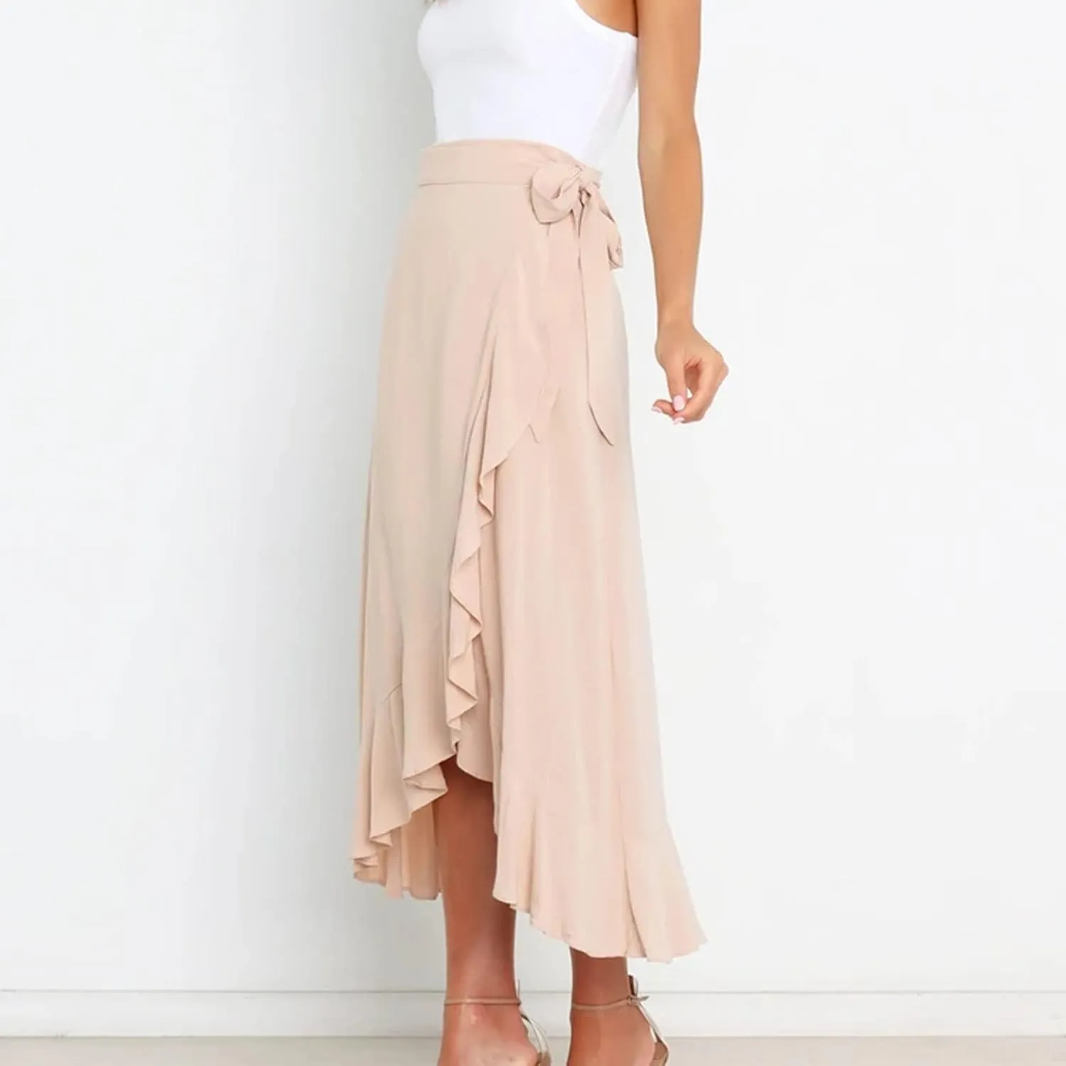 Women's Irregular Lace Up Maxi Dress Sexy Split Ruffle Skirts High Waist Classy Swing Midi Skirt Dressy