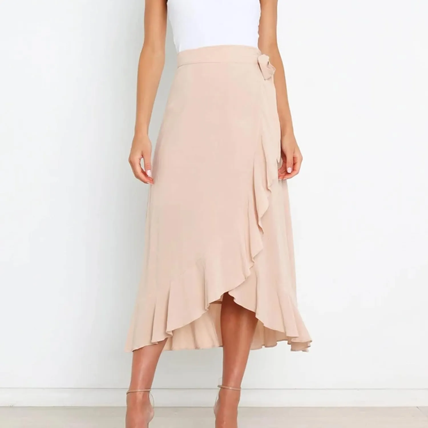 Women's Irregular Lace Up Maxi Dress Sexy Split Ruffle Skirts High Waist Classy Swing Midi Skirt Dressy