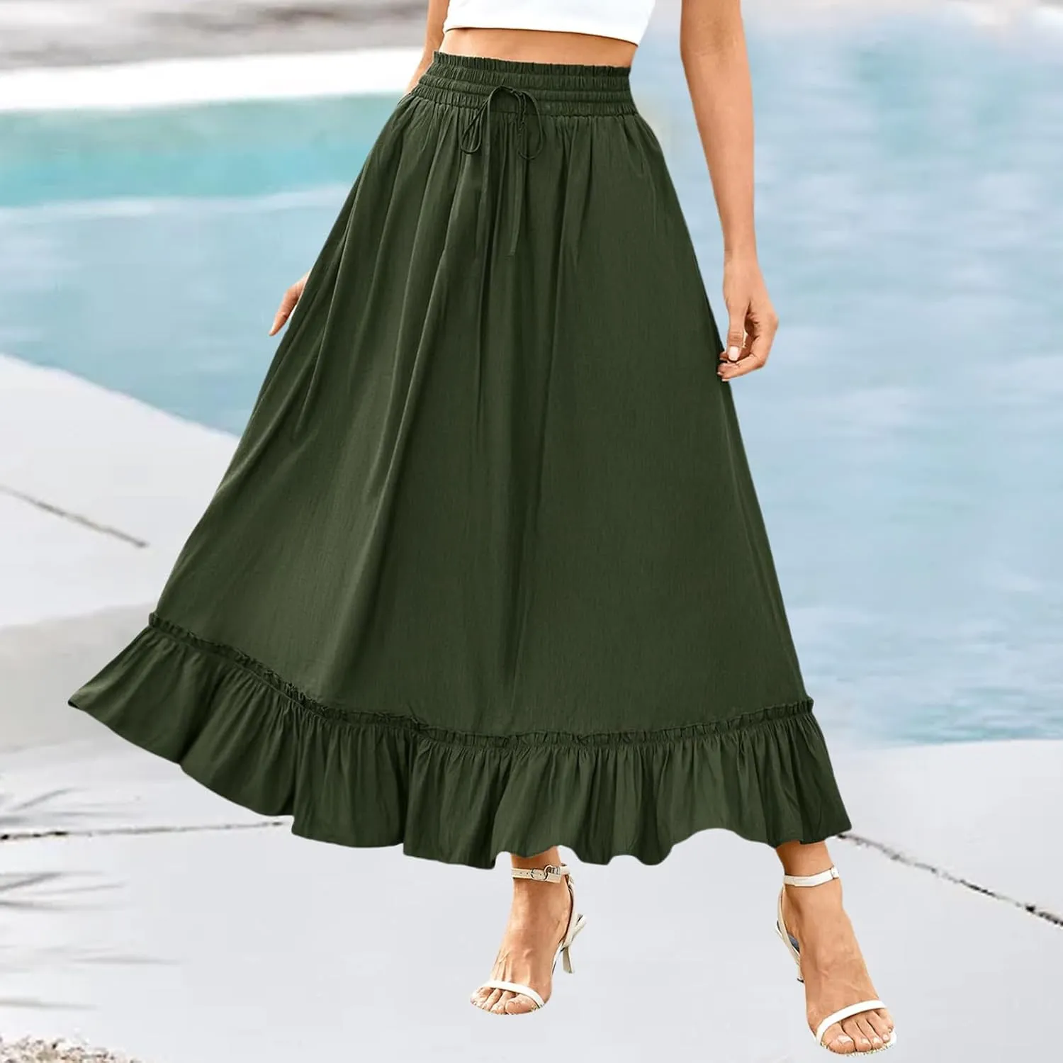 Womens Midi Skirts High Waist Tiered Skirt Summer Boho Flowy Swing Tiered A-Line Maxi Skirt Long Beach Dress