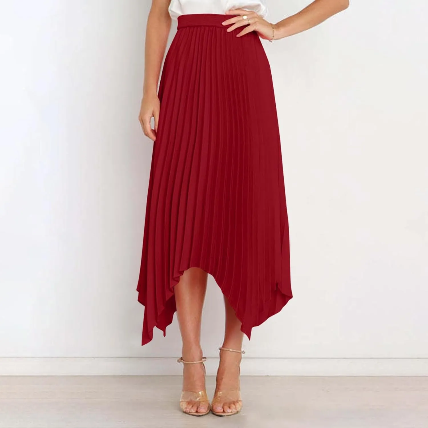 Women's Summer Skirt Solid Color High Waist Pleated A Line Swing Skirts Casual Fashion Irregular Hem Swing Skorts