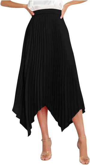 Women's Summer Skirt Solid Color High Waist Pleated A Line Swing Skirts Casual Fashion Irregular Hem Swing Skorts