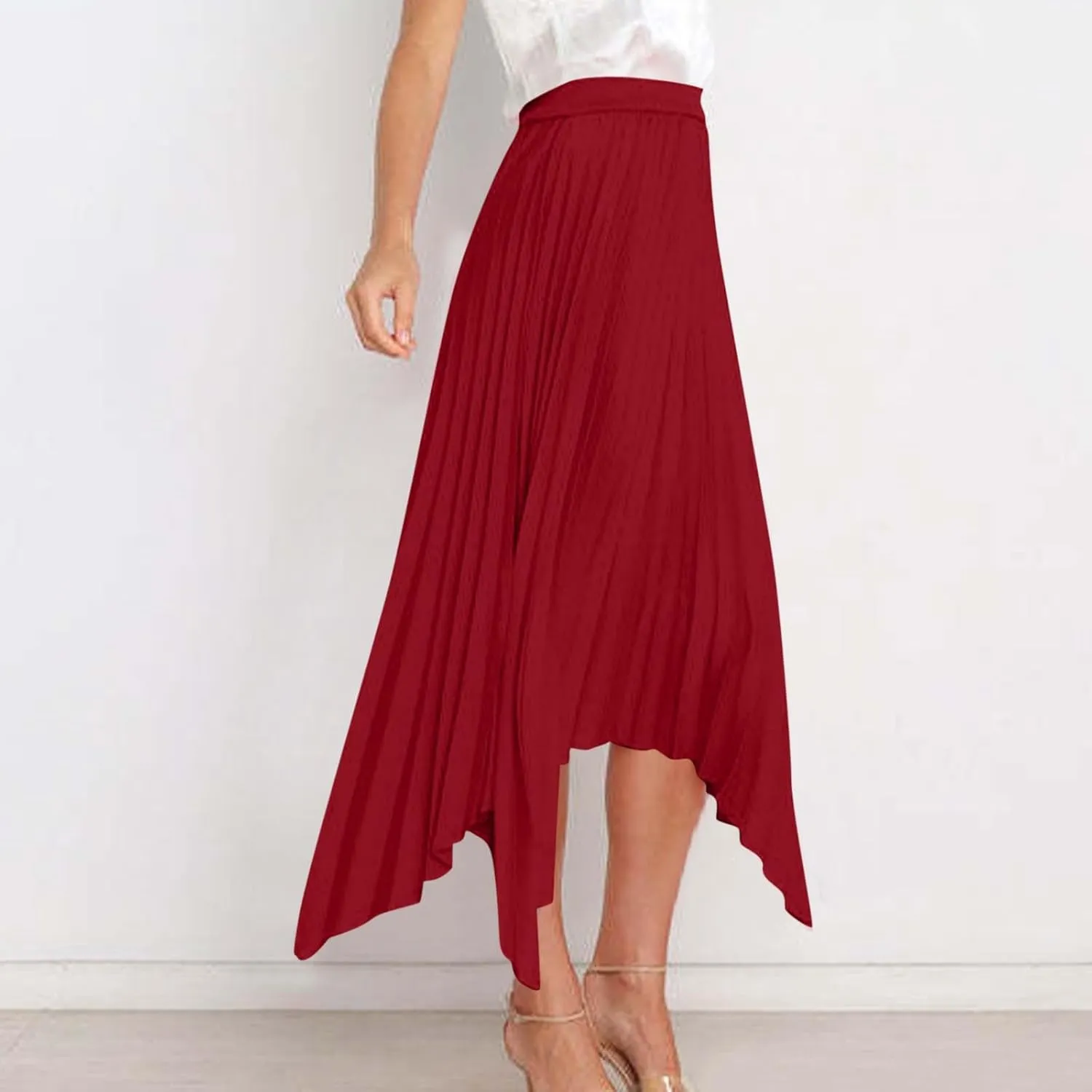 Women's Summer Skirt Solid Color High Waist Pleated A Line Swing Skirts Casual Fashion Irregular Hem Swing Skorts