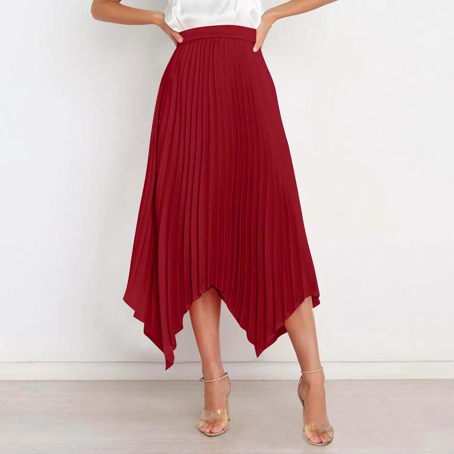 Women's Summer Skirt Solid Color High Waist Pleated A Line Swing Skirts Casual Fashion Irregular Hem Swing Skorts