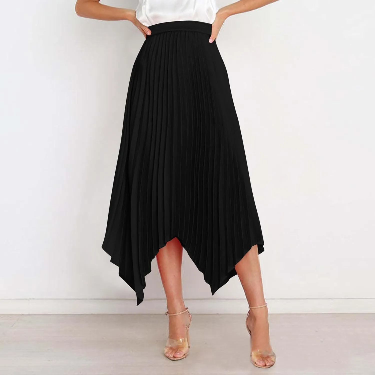 Women's Summer Skirt Solid Color High Waist Pleated A Line Swing Skirts Casual Fashion Irregular Hem Swing Skorts