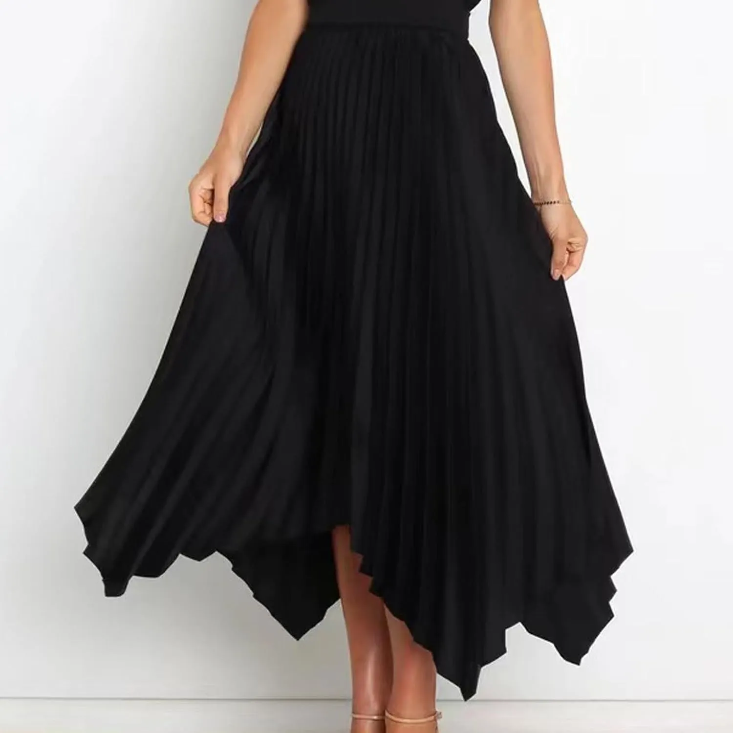 Women's Summer Skirt Solid Color High Waist Pleated A Line Swing Skirts Casual Fashion Irregular Hem Swing Skorts