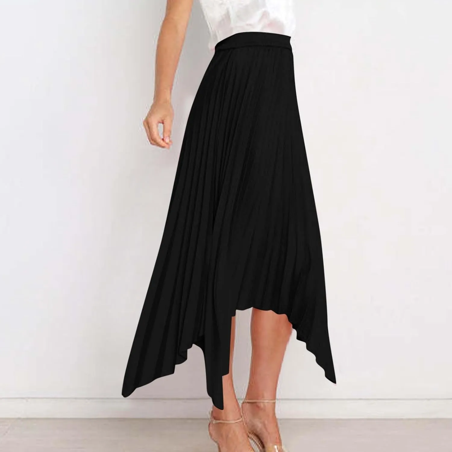 Women's Summer Skirt Solid Color High Waist Pleated A Line Swing Skirts Casual Fashion Irregular Hem Swing Skorts